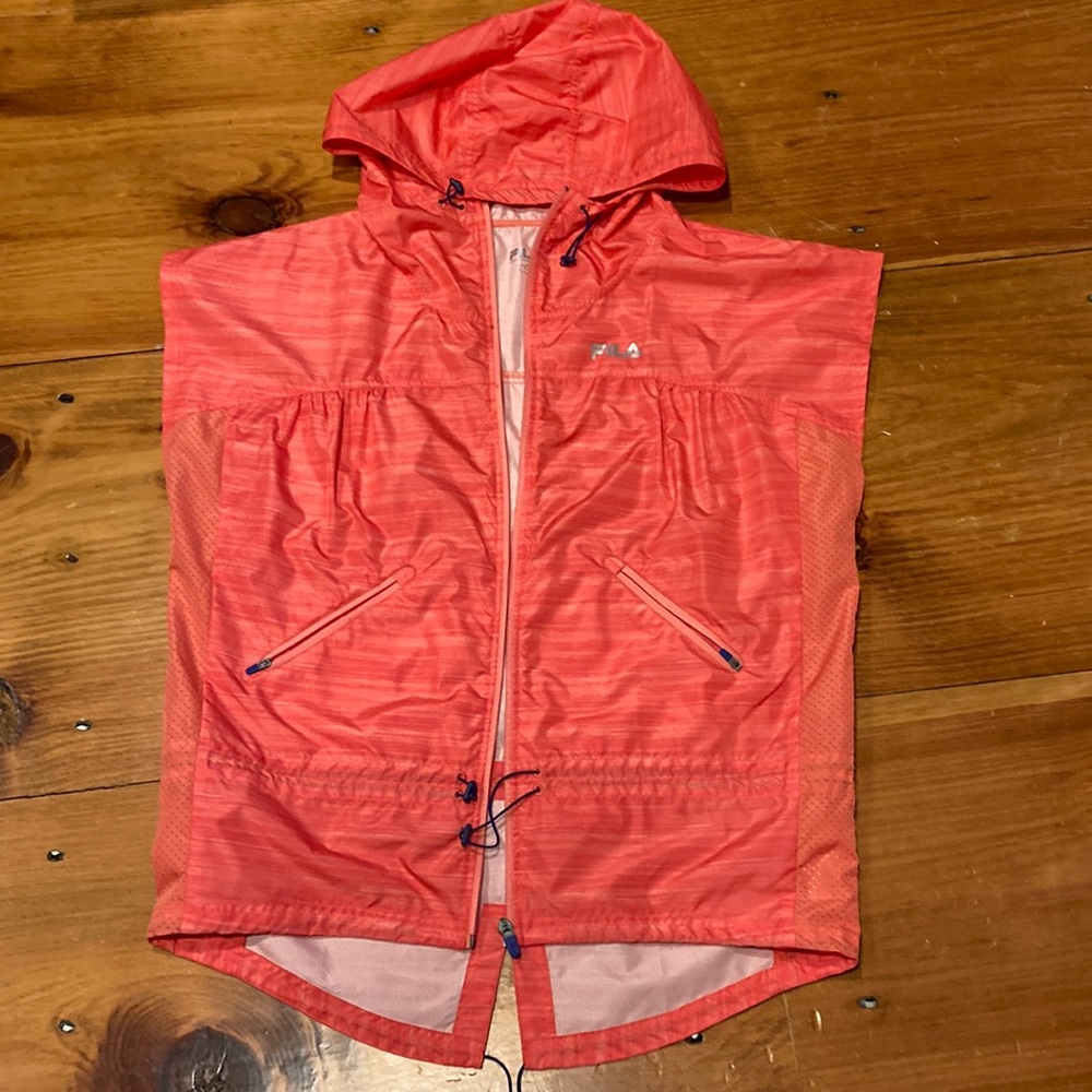 FILA XS Tangerine Microstripe Rain Wind Jacket Sleeveless Hooded